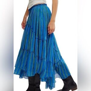 Free People One Ember Printed Asymmetrical MIDI Skirt Blue Marina Size Med NWT